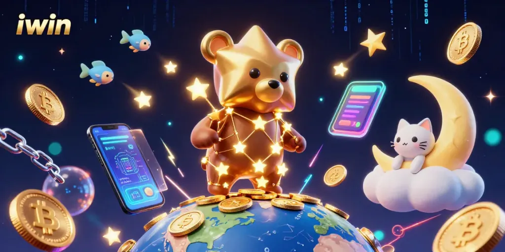 iwin interactive scene showing a constellation bear collecting crypto coins, embodying vibrant gaming energy