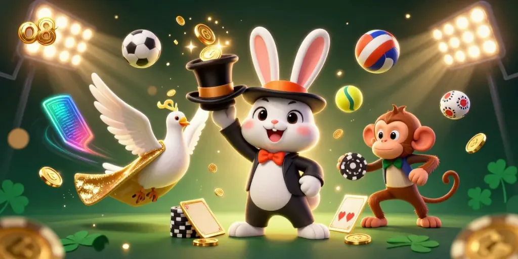 Engage in exciting games at o8 with a magical scene featuring charming casino characters and vibrant elements.