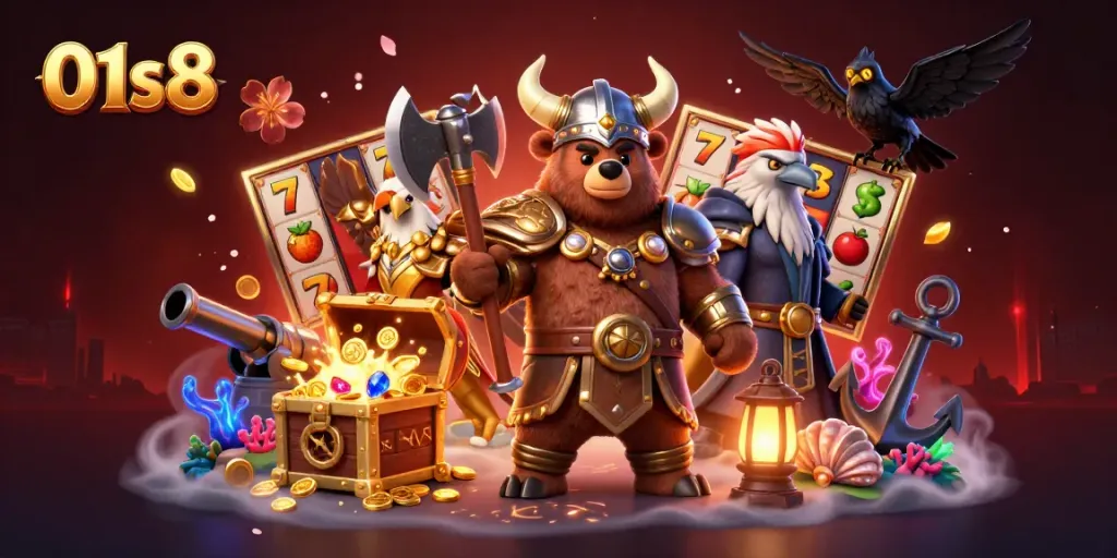 Experience thrilling gameplay at 01s8 with vibrant slot machines and engaging characters in a stunning 3D scene.