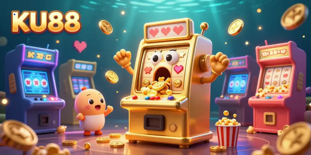 KU88 slot machine celebrating a jackpot amid cheering machines and arcade games.