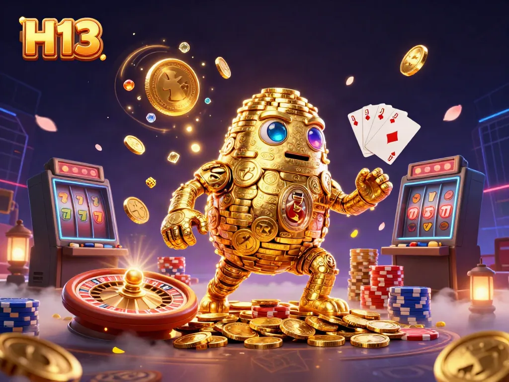 Spin the slots and watch H13's golden golem celebrate with cascading coins and vibrant game elements.