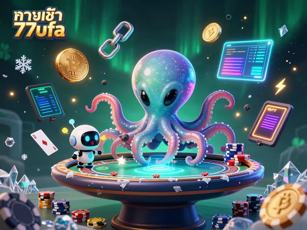 Experience immersive fun with ทางเข้า 77ufa in this vibrant, interactive casino scene featuring alien characters.
