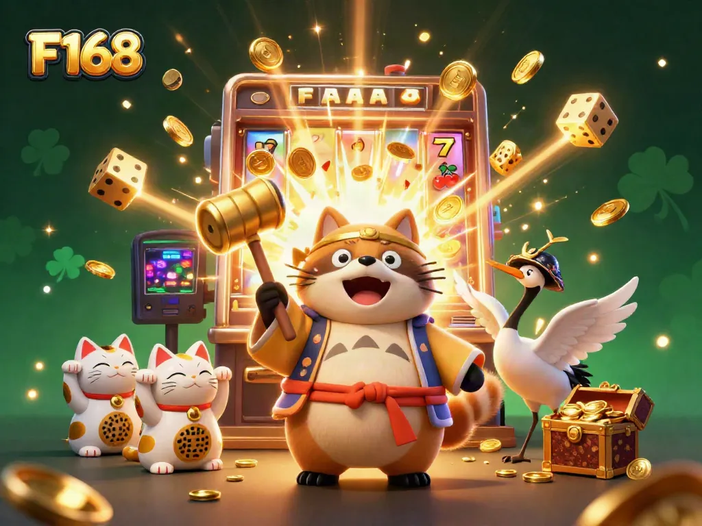 Experience the excitement of F168 with cheerful characters around a dynamic jackpot theme, showcasing various casino elements.