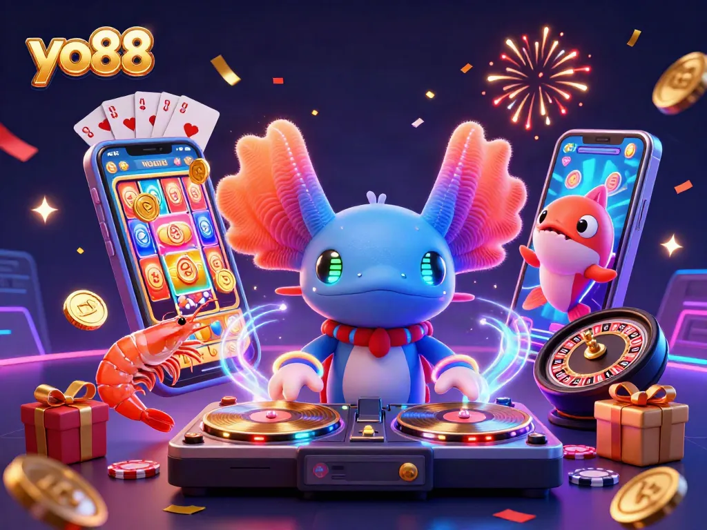 Experience the immersive joy of yo88 with energetic characters celebrating a vibrant casino atmosphere.