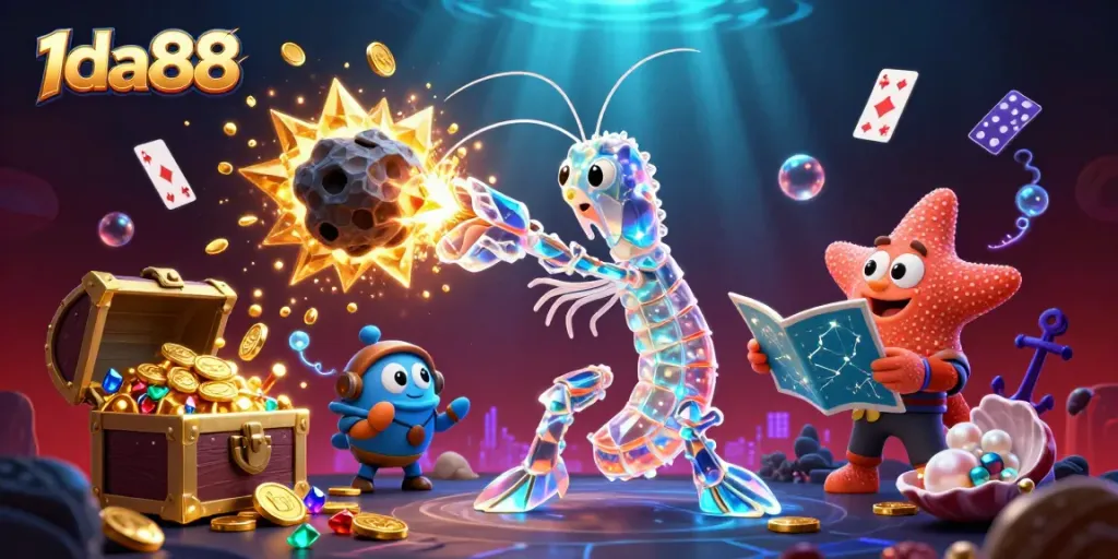 Engage with exciting slots and treasures at 1da88 casino in a vibrant underwater adventure illustration.
