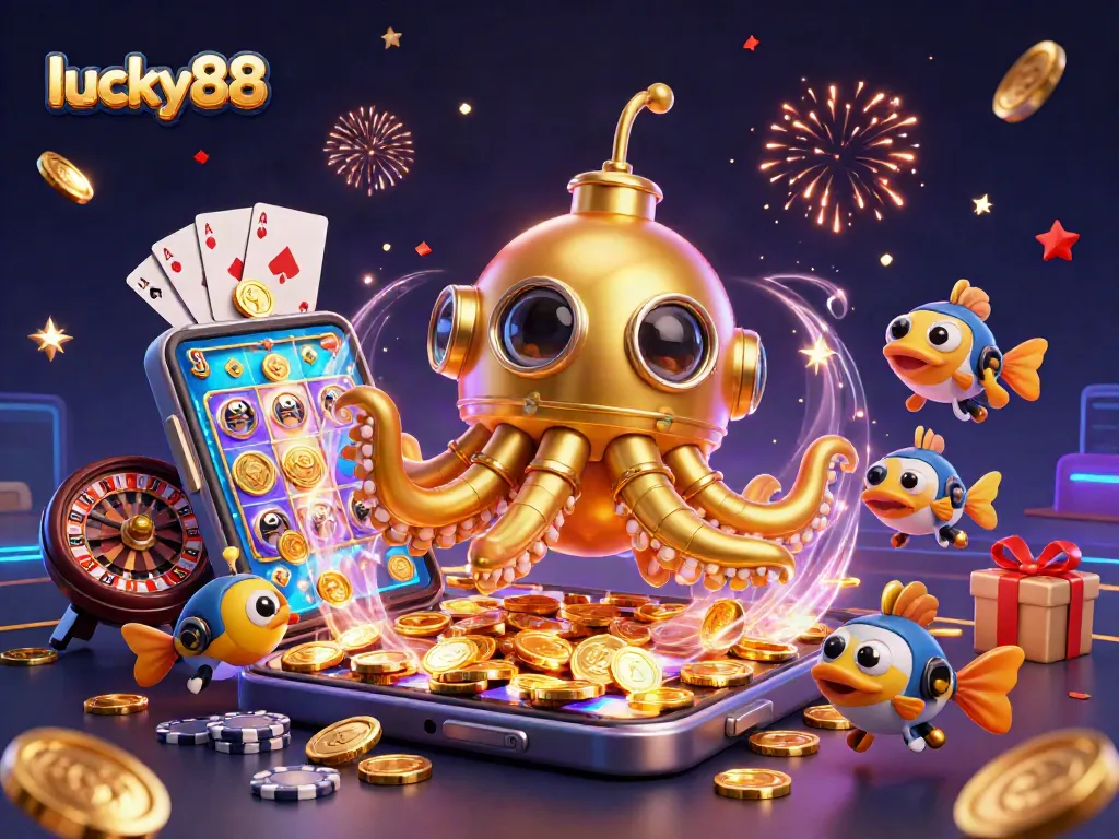 Experience the thrill of lucky88 with this vibrant casino scene featuring a golden kraken surrounded by rich gaming elements.