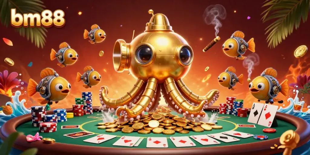 Win big at bm88 with a vibrant 3D underwater casino scene featuring golden kraken and poker elements.