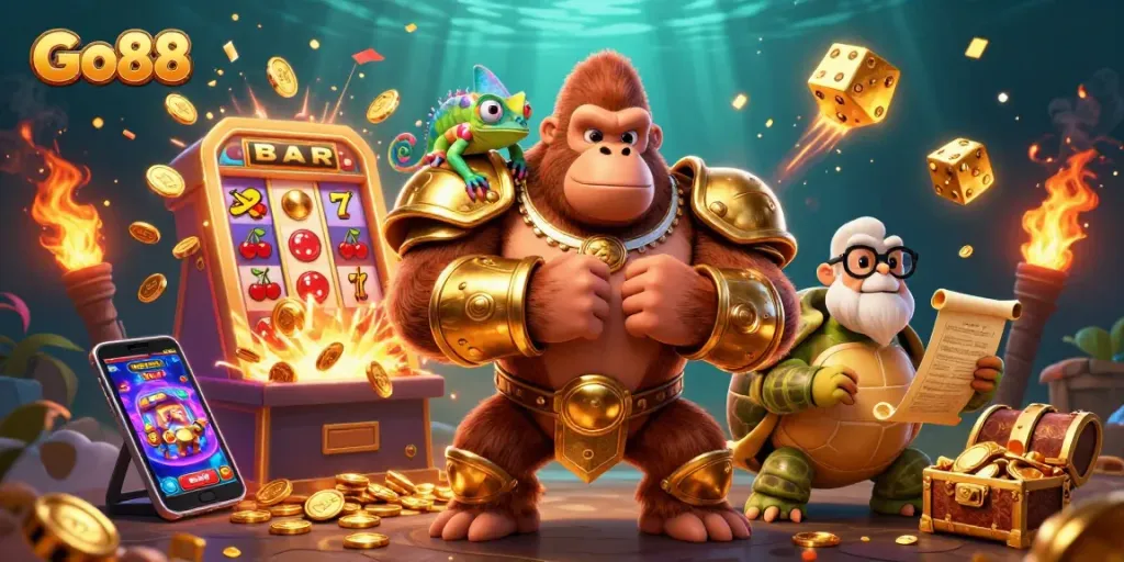Experience Go88's vibrant casino world with a powerful gorilla in armor amidst jackpot explosions.