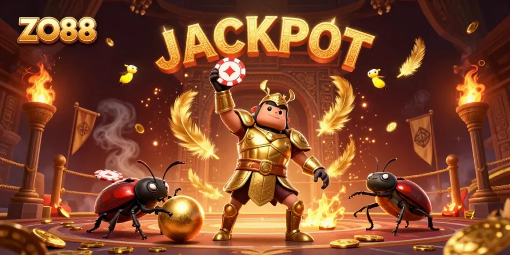 Experience the thrill with ZO88 as a beetle hero lifts a poker chip amidst dynamic casino elements.