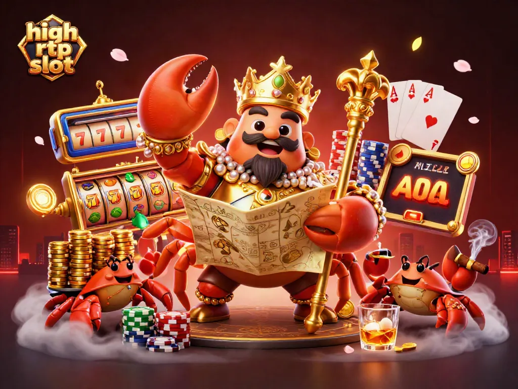 Spin the reels on a high rtp slot with a golden crab emperor amid vibrant casino elements.