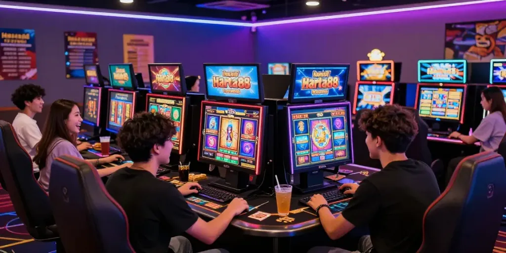 A lively online casino scene featuring friends enjoying harta88 slot games on vibrant screens