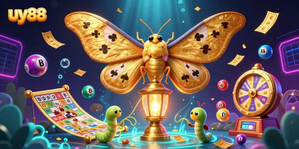 Experience thrilling uy88 moments with golden lottery balls, moths, and casino elements in a vibrant 3D illustration.