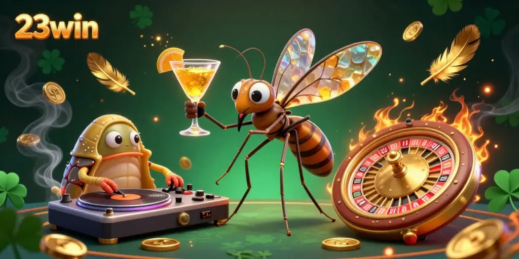 Experience the thrill of 23win with a 3D mosquito mascot, roulette, and casino elements.