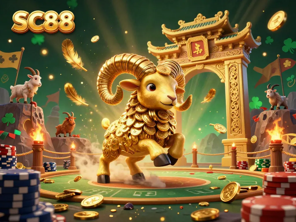 Experience the thrill of SC88 with a charging golden ram amidst a vibrant gambling scene filled with coins and betting excitement.