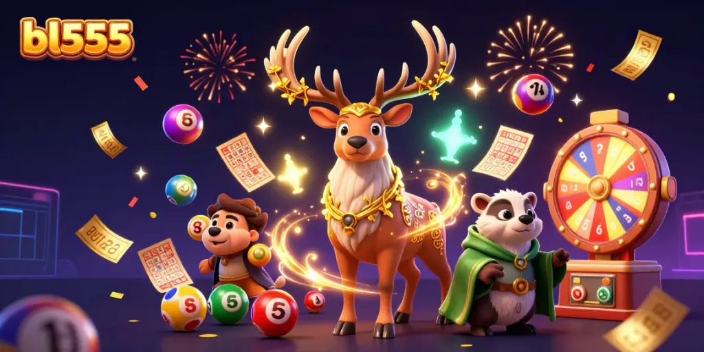 Experience the vibrant energy of bl555 with a dynamic 3D illustration of a Celtic druid stag and lively game elements.
