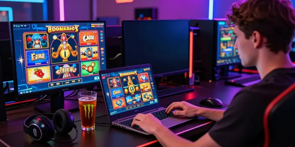Engaging user playing slot gacor games online with colorful graphics and neon lighting.
