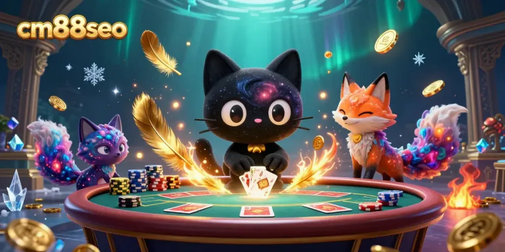 Experience the cosmic allure of cm88seo as the black hole cat pulls in golden chips at a dazzling casino scene.