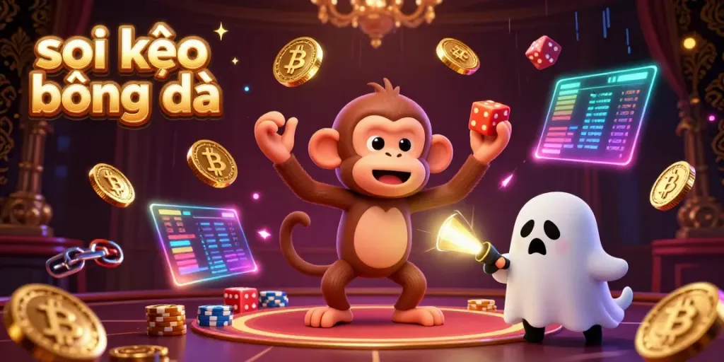 Engage with the lively scene of soi kèo bóng đá as a mischievous poltergeist monkey juggles golden coins, while a curious puppy with a flashlight tracks it.