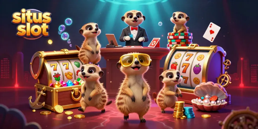 Experience exciting situs slot action with playful meerkats in a vibrant casino scene filled with treasures.
