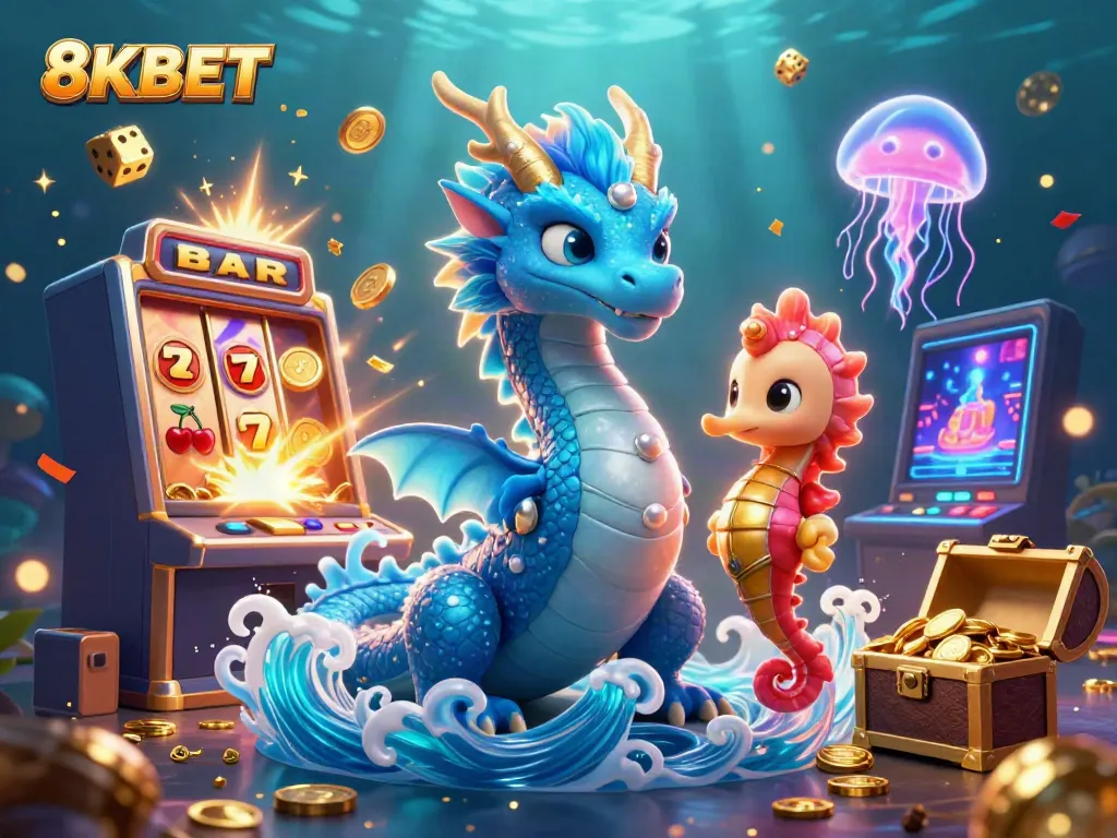 Experience thrilling wins with the vibrant 8KBET gaming scene featuring dragons and slot machines.