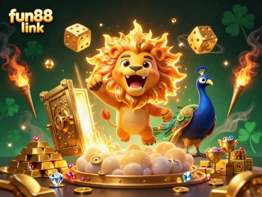 Experience vibrant fun88 link gaming action with a roaring lion, golden dice, and sparkling treasures.