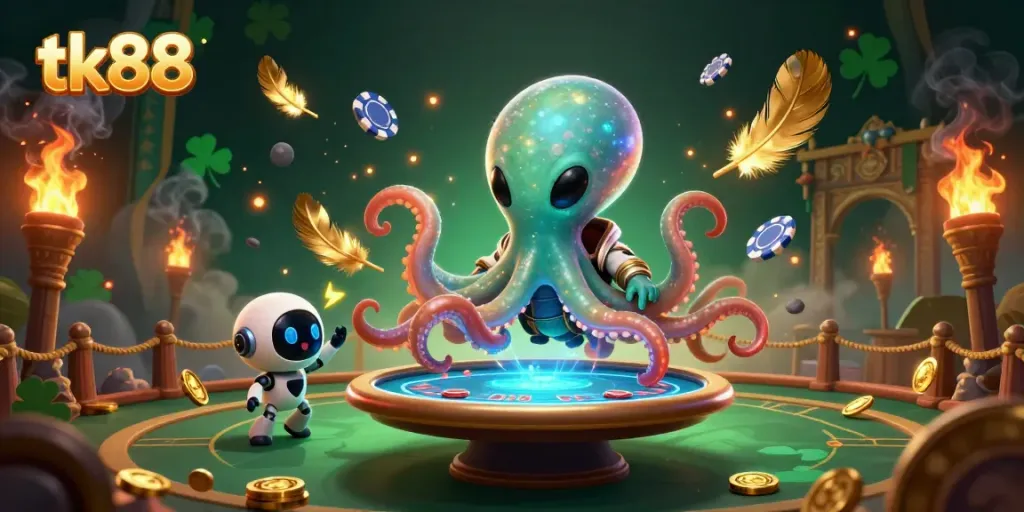 Experience thrilling intergalactic poker action with tk88's vibrant casino scene featuring an alien octopus.