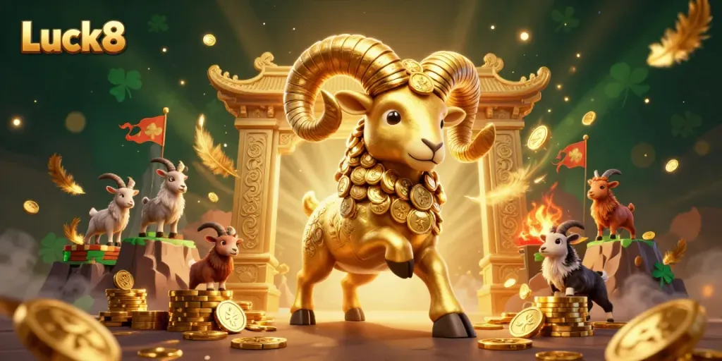 Luck8 showcases a dynamic scene with a golden ram and goat spectators, celebrating gaming excitement.