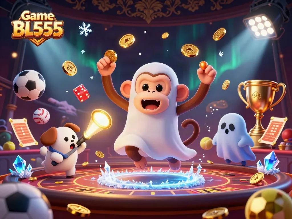 Experience the thrill of Game BL555 with a lively casino scene featuring a poltergeist monkey and a ghost-hunter puppy.
