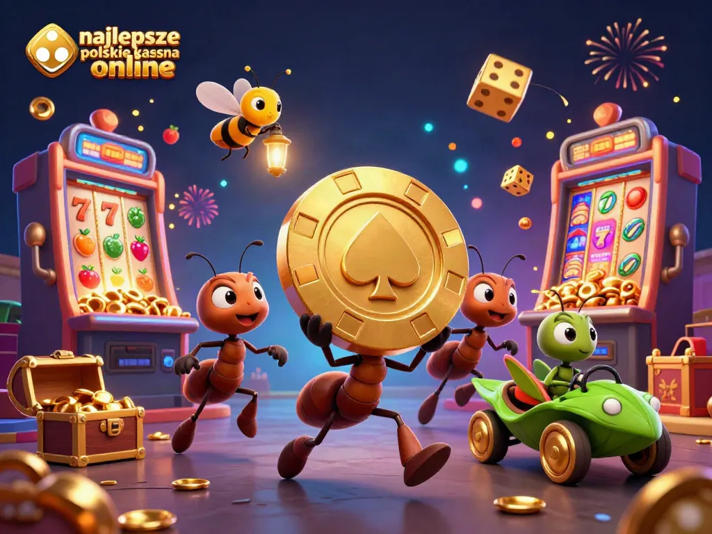 The 3D illustration showcases the najlepsze polskie kasyna online with playful ants and casino elements, capturing a heist theme.