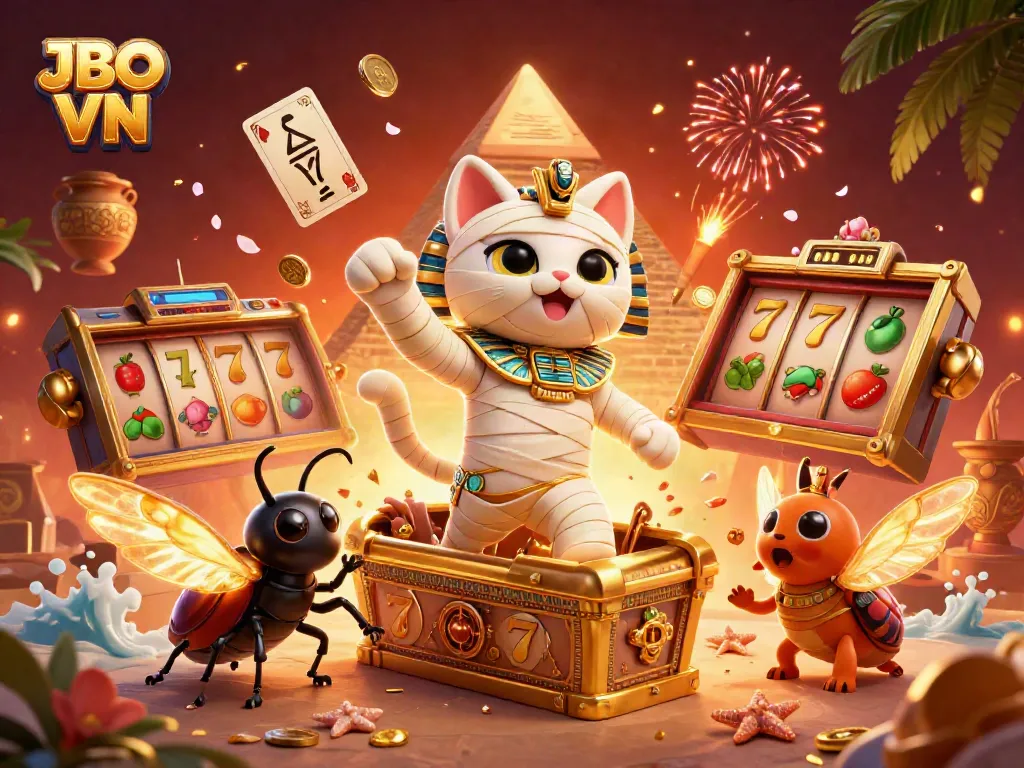 Play slots at JBO VN with a dynamic 3D Egyptian theme featuring a mummy cat and scarab beetle.