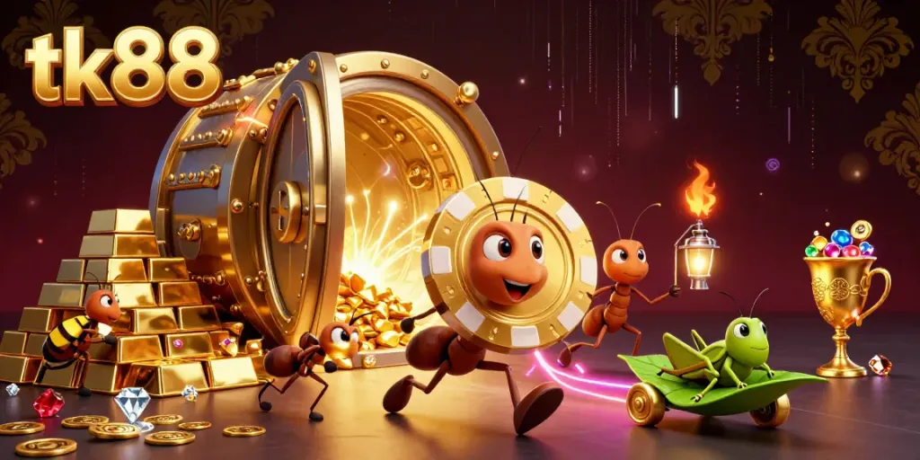Engage with tk88's golden poker heist scene featuring ants, treasure, and dynamic casino elements.