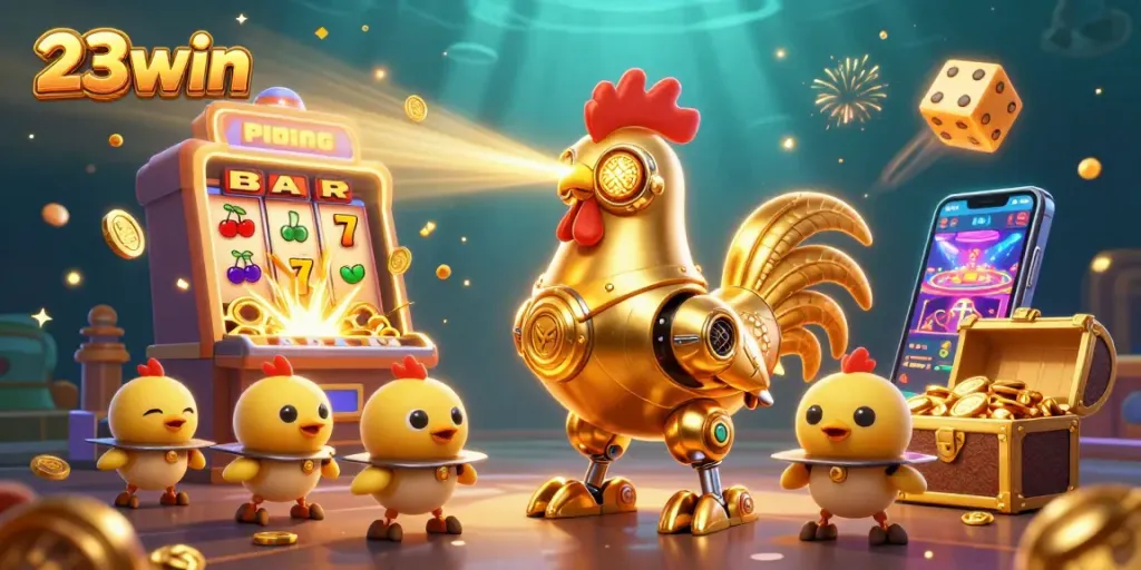 Engage with the 23win casino adventure featuring a dynamic golden rooster robot and winning jackpot visuals.