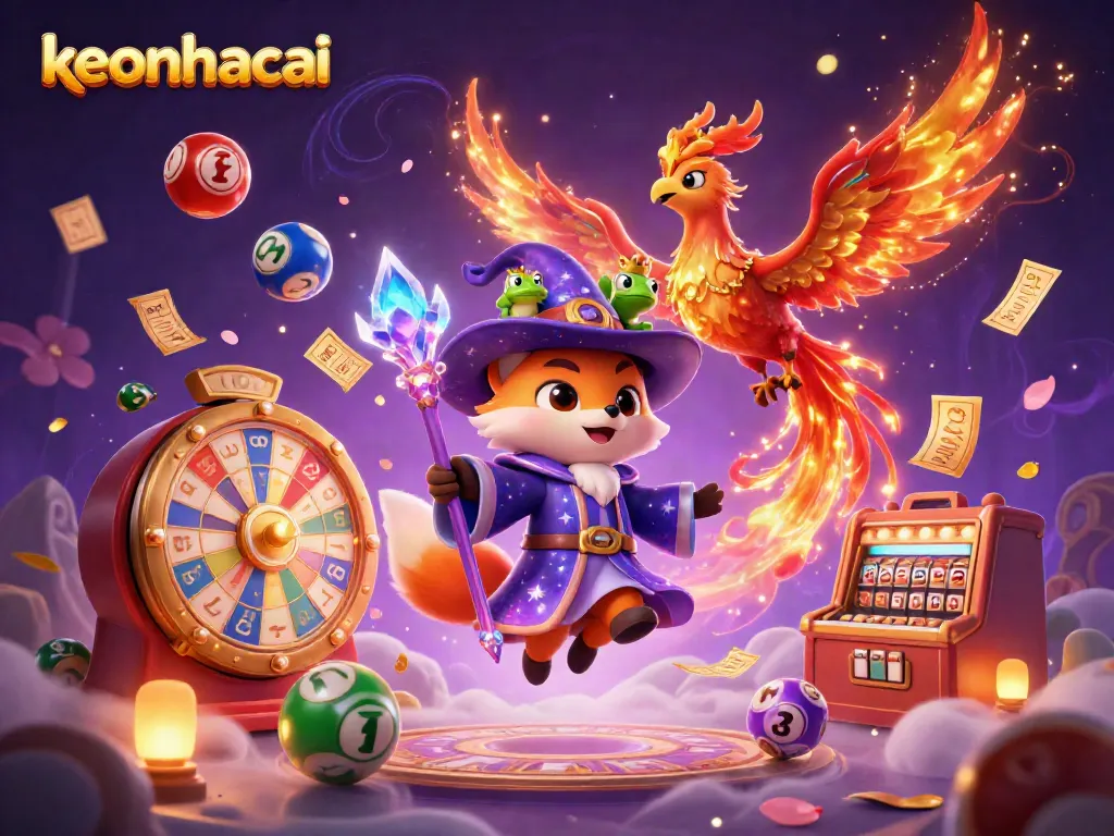 Experience the excitement of keonhacai with vibrant lottery balls and mystical characters in an engaging 3D scene.
