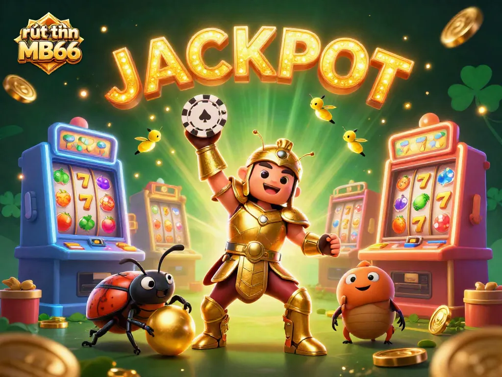 Engaging scene depicting rút tiền MB66 with a heroic beetle lifting a poker chip, surrounded by slot elements.