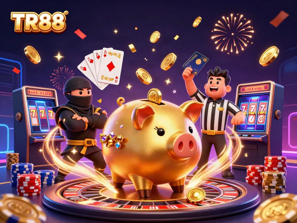 Engage in exciting TR88 gaming with a cartoon piggy bank sumo wrestler, casino elements, and vibrant celebration effects.