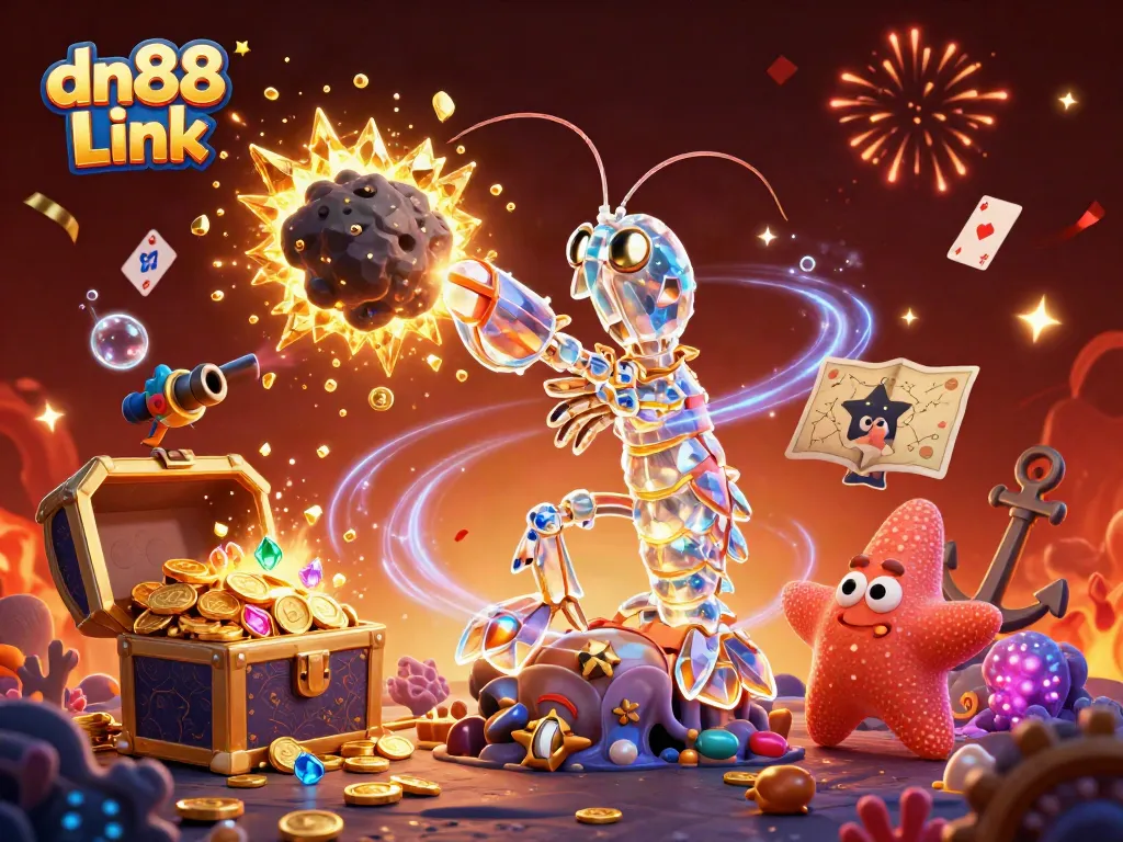 Experience the thrilling action of dn88 Link with cartoon characters and vibrant gems amidst a rich casino backdrop.