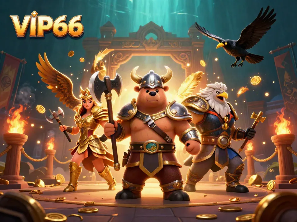Engage in exciting online gaming at VIP66, featuring epic Viking characters and dynamic casino imagery.