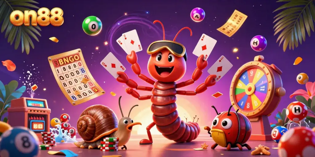 Experience the excitement of on88 through a vibrant, animated casino scene featuring colorful games and characters.