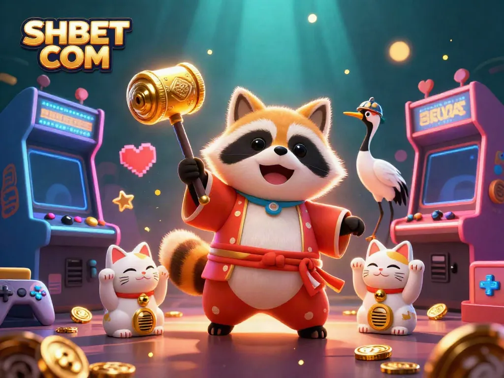 Experience the excitement of gaming at SHBET COM, featuring vibrant tanuki and colorful elements.