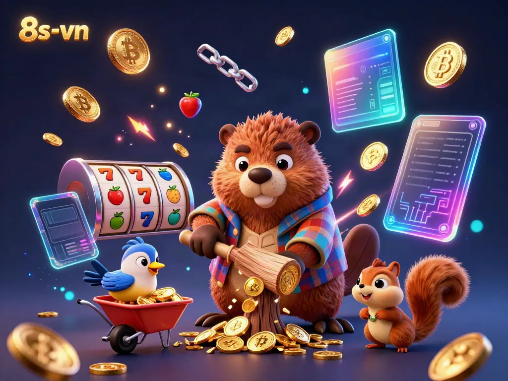 Experience the exciting world of 8s-vn with cartoon characters collecting coins amidst slot machines and crypto coins.