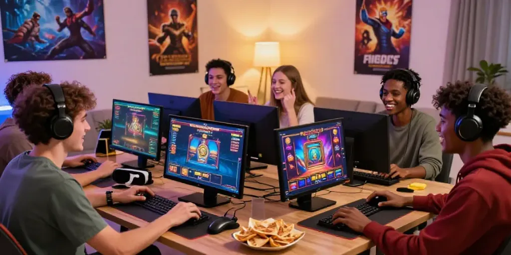 Dynamic gaming scene featuring kayu77 players enjoying online slots with vibrant visuals and snacks.