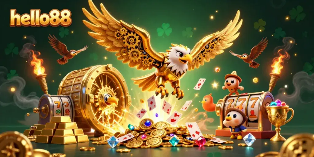 Explore thrilling casino adventures with hello88's impressive 3D illustration of golden eagle and slot games.