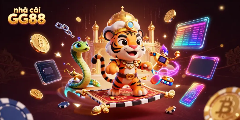 Engage with nhà cái GG88 through an ultra-detailed 3D casino-themed illustration featuring a tiger sultan.