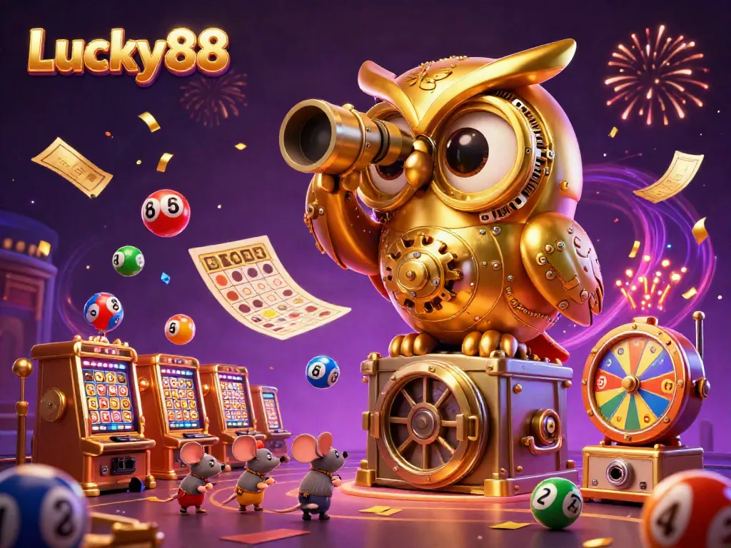 Experience the excitement at Lucky88 with a golden owl and vibrant casino elements.