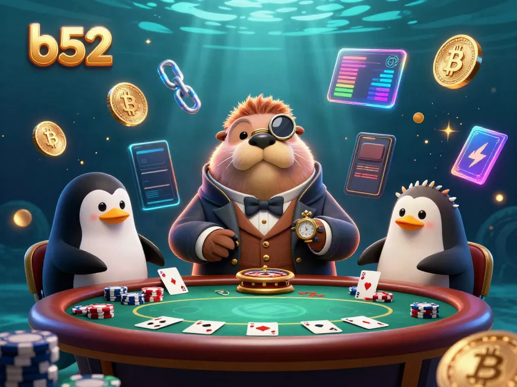 Join the jolly walrus in the b52 underwater poker game amidst vibrant neon elements.