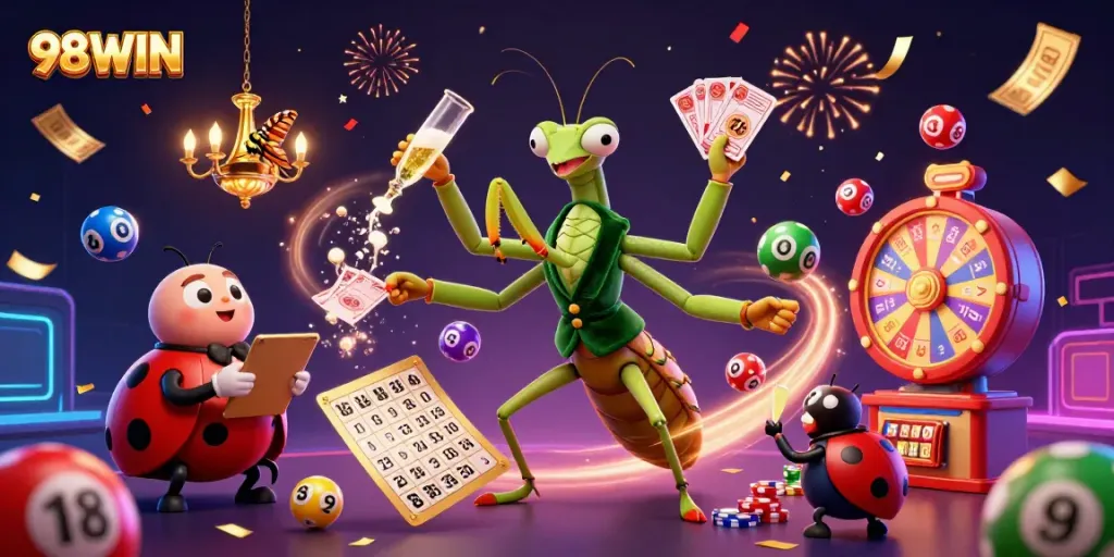 Engage in thrilling gameplay at 98WIN with our vibrant casino illustration featuring dynamic game elements and characters.