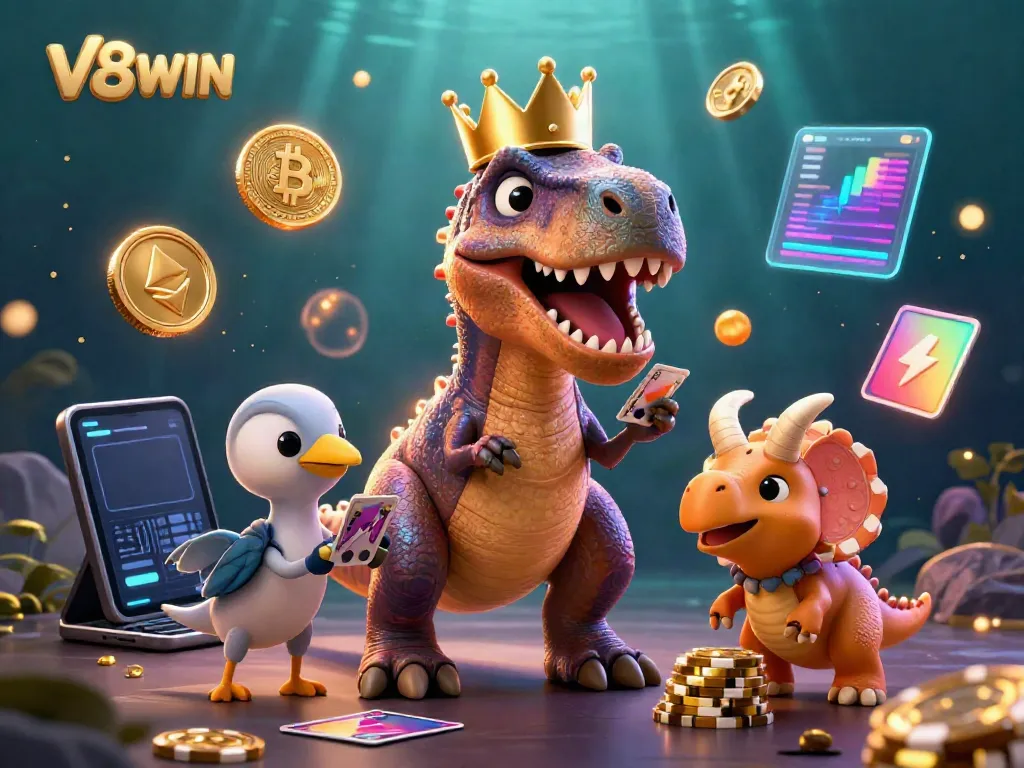 Experience the thrilling V8WIN casino adventure with a T-Rex shuffling cards and crypto coins in a vibrant scene.