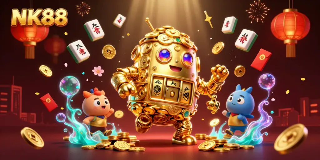 Engage with NK88, the leading online casino featuring a dynamic golden golem and vibrant mahjong tiles.