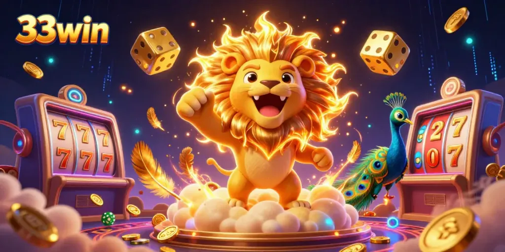 Experience thrilling gameplay with 33win in this vibrant casino scene, featuring a roaring lion and golden dice.