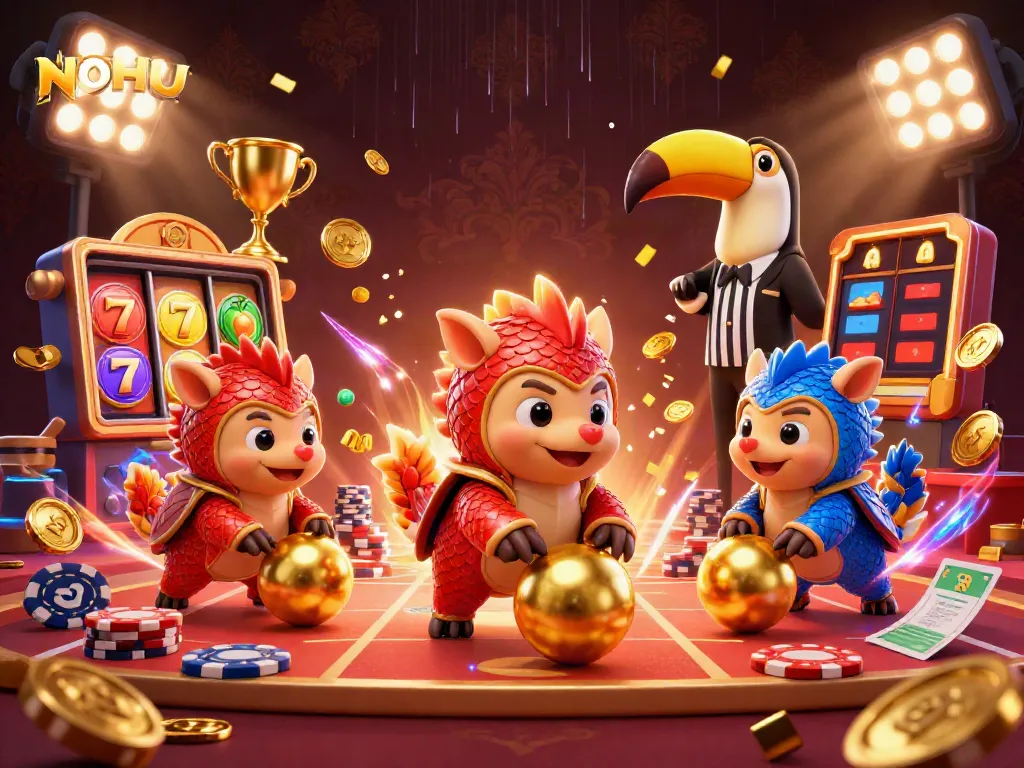 NOHU pangolins compete in a vibrant casino scene, rolling jackpot symbols and scattering poker chips.